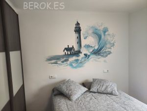Mural Azules Acuarela Faro Mar Rompeolas Dormitorio Graffitis 300x100000